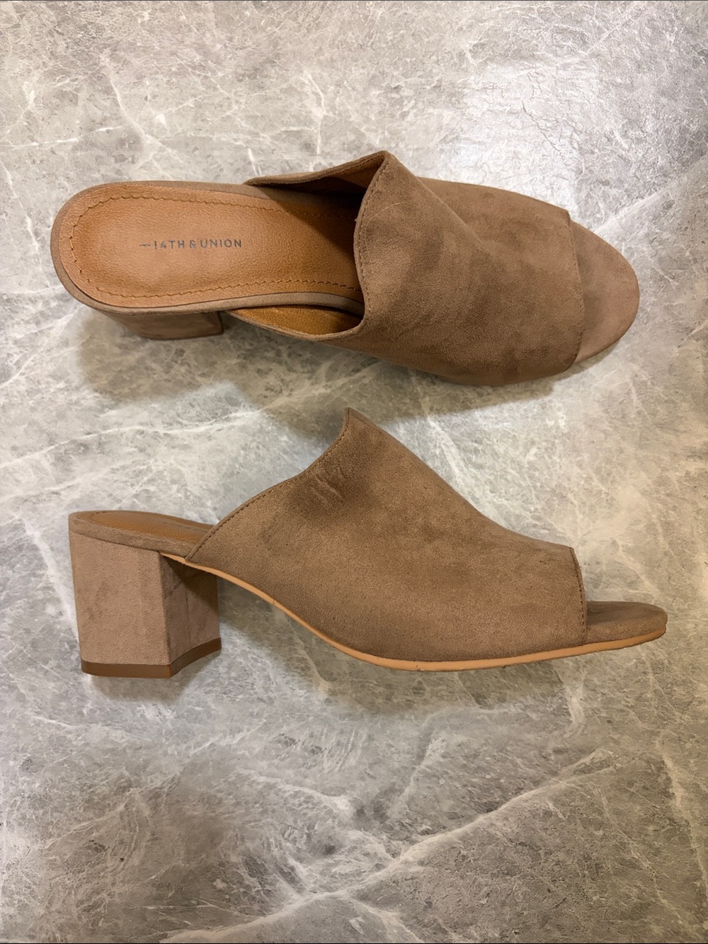 14th & Union Tan Suede Open-Toe Block Heel Mules